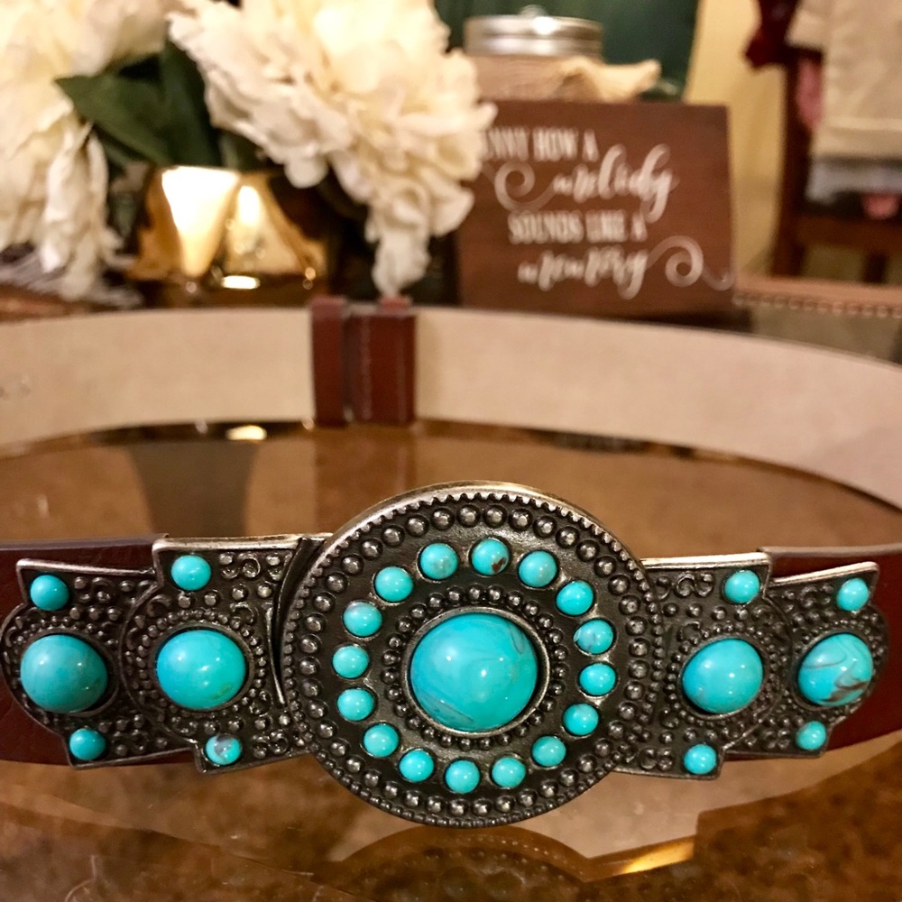Express Brown Leather w/ Turquoise Stone Buckle